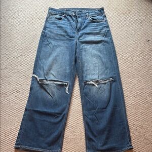 American Eagle Outfitters Blue Relaxed wide leg Jeans with Distressed Knees